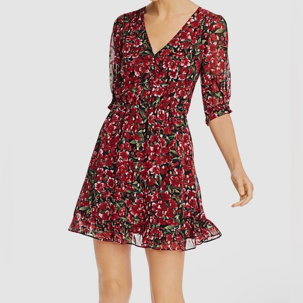 The Kooples Women’s Red Floral Print and Metallic Dot Dress Size 3/ US 8
